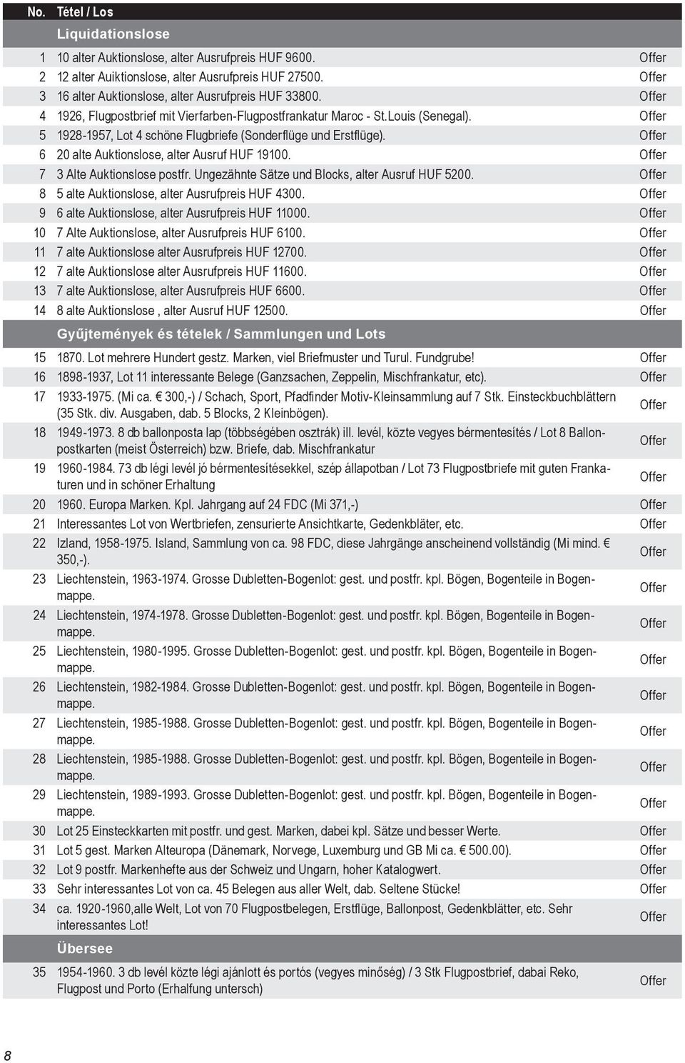 7 3 Alte Auktionslose postfr. Ungezähnte Sätze und Blocks, alter Ausruf HUF 5200. 8 5 alte Auktionslose, alter Ausrufpreis HUF 4300. 9 6 alte Auktionslose, alter Ausrufpreis HUF 11000.