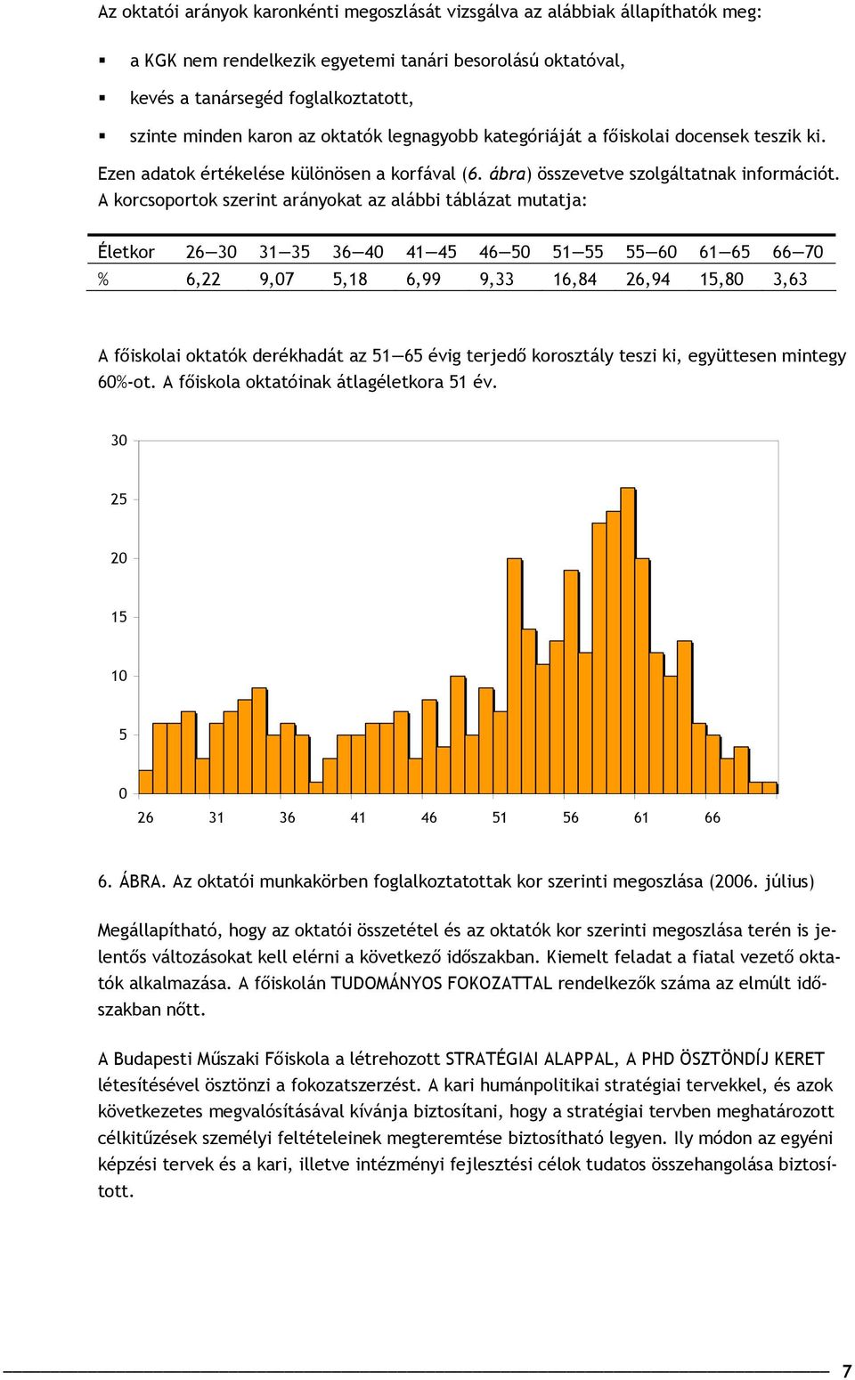 A korcsoportok szerint arányokat az alábbi táblázat mutatja: Életkor 26 30 31 35 36 40 41 45 46 50 51 55 55 60 61 65 66 70 % 6,22 9,07 5,18 6,99 9,33 16,84 26,94 15,80 3,63 A főiskolai oktatók