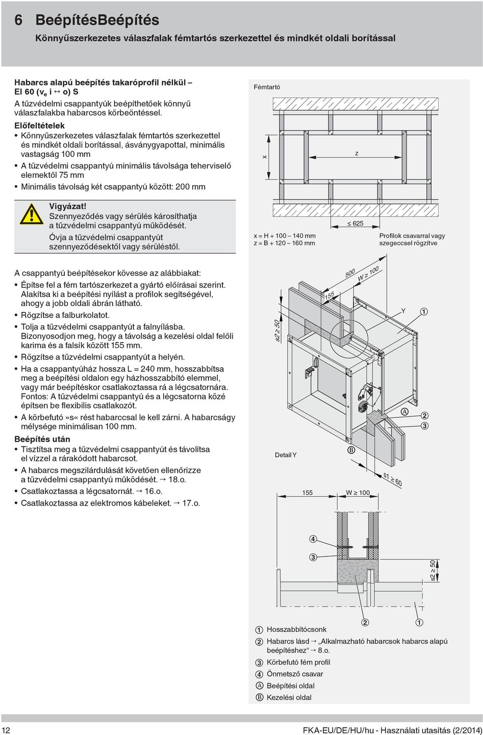 Fémtartó Előfeltételek Könnyűszerkezetes válaszfalak fémtartós szerkezettel és mindkét oldali borítással, ásványgyapottal, minimális vastagság 100 mm A tűzvédelmi csappantyú minimális távolsága