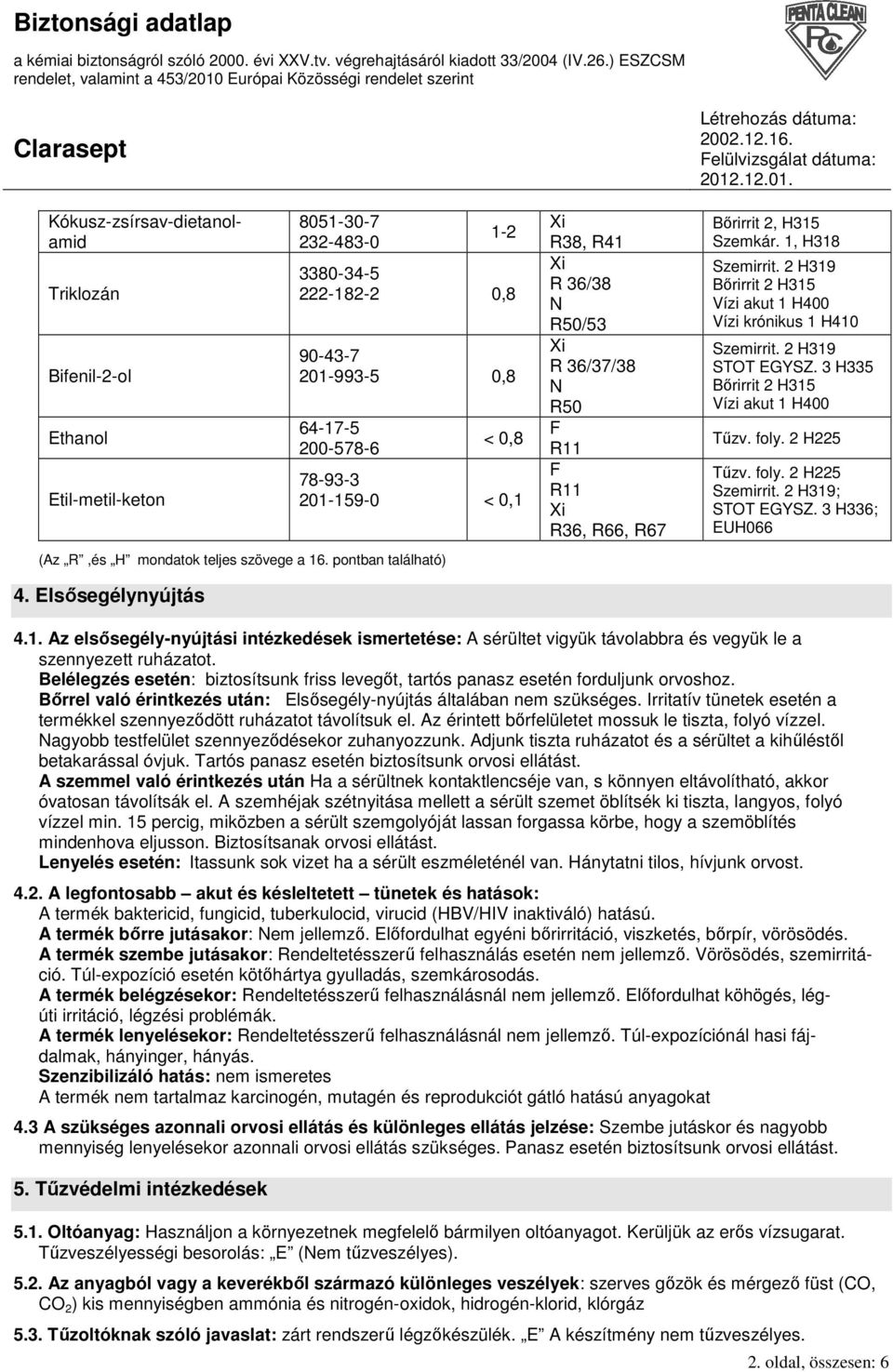 2 H319 Bırirrit 2 H315 Vízi akut 1 H400 Vízi krónikus 1 H410 Szemirrit. 2 H319 STOT EGYSZ. 3 H335 Bırirrit 2 H315 Vízi akut 1 H400 Tőzv. foly. 2 H225 Tőzv. foly. 2 H225 Szemirrit. 2 H319; STOT EGYSZ.