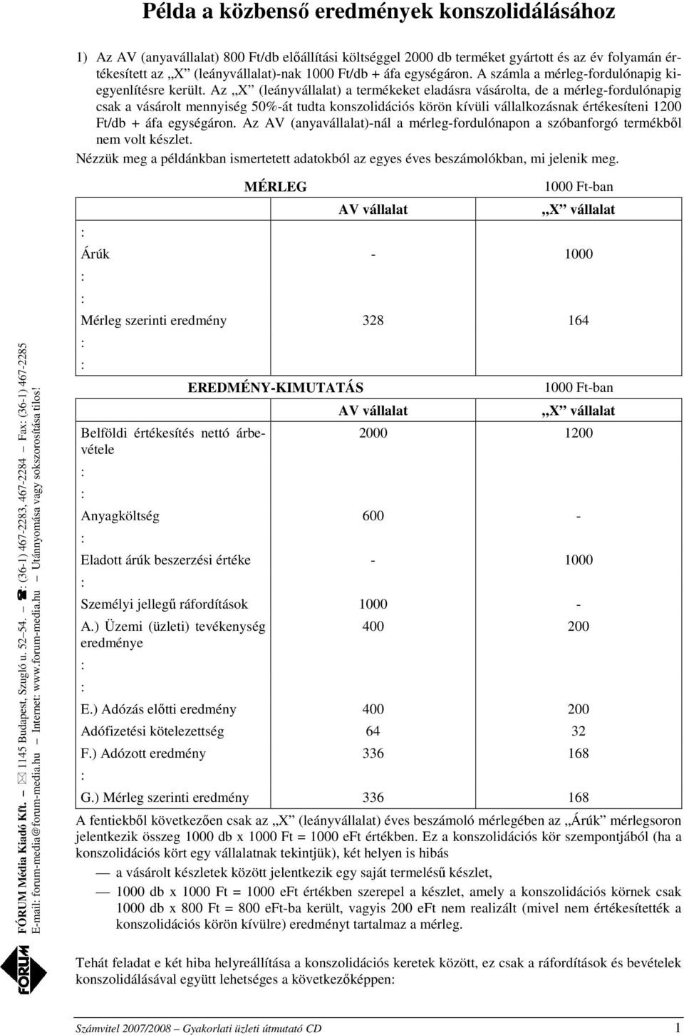 Az X (leány) a termékeket eladásra vásárolta, de a mérleg-fordulónapig csak a vásárolt mennyiség 50%-át tudta konszolidációs körön kívüli vállalkozásnak értékesíteni 1200 Ft/db + áfa egységáron.