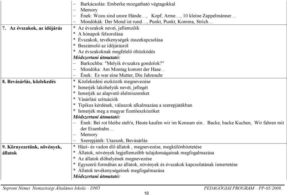 útmutató: Barkochba: "Melyik évszakra gondolok?" Mondóka: Am Montag kommt der Hase Ének: Es war eine Mutter, Die Jahresuhr 8.