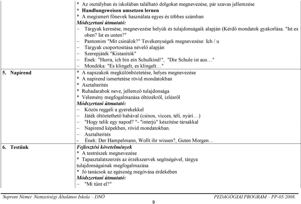 " Tevékenységek megnevezése: Ich / u Tárgyak csoportosítása névelő alapján Szerepjáték "Kistanítók" Ének: "Hurra, ich bin ein Schulkind!", "Die Schule ist aus " Mondóka: "Es klingelt, es klingelt " 5.