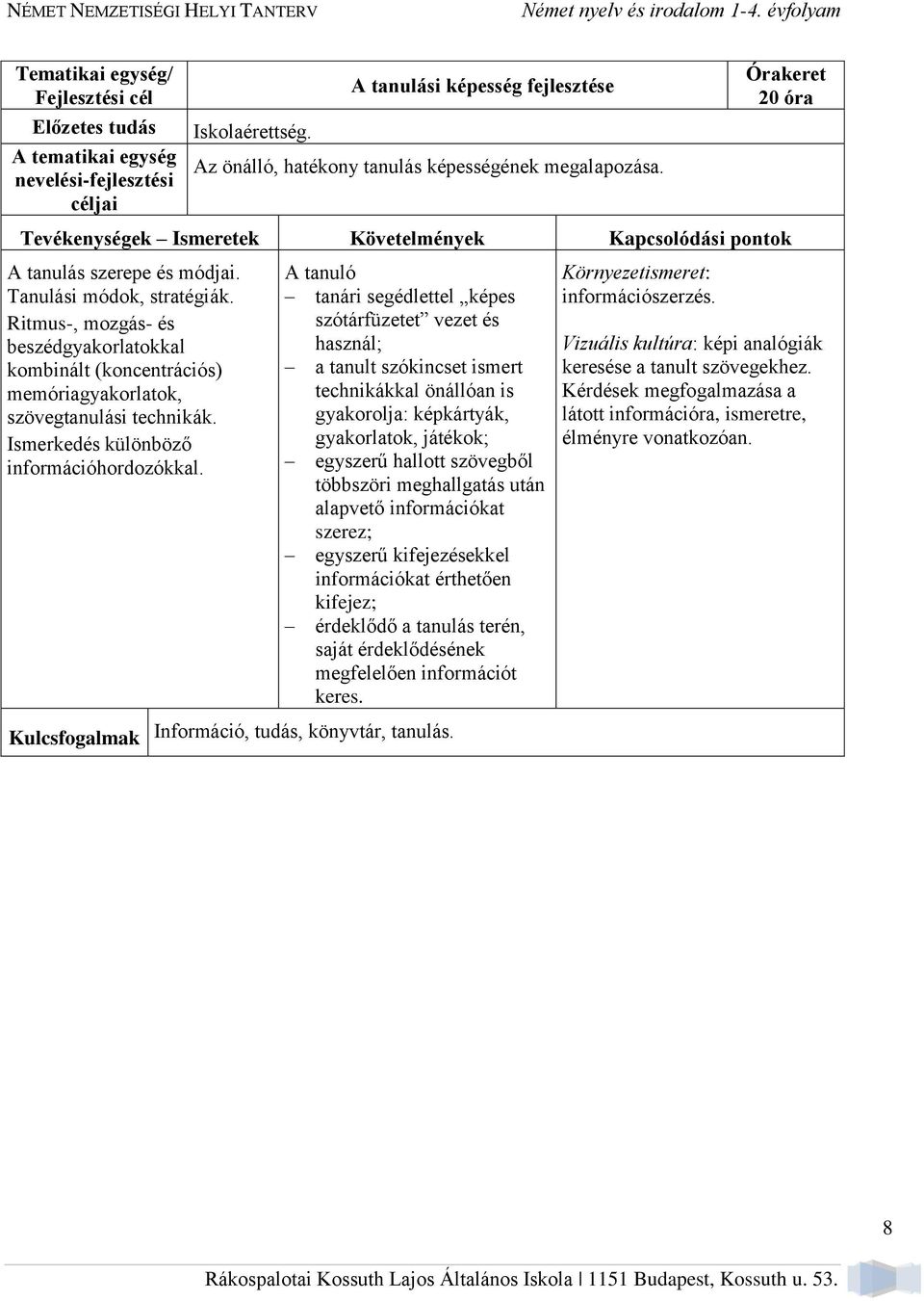 Ritmus-, mozgás- és beszédgyakorlatokkal kombinált (koncentrációs) memóriagyakorlatok, szövegtanulási technikák. Ismerkedés különböző információhordozókkal.