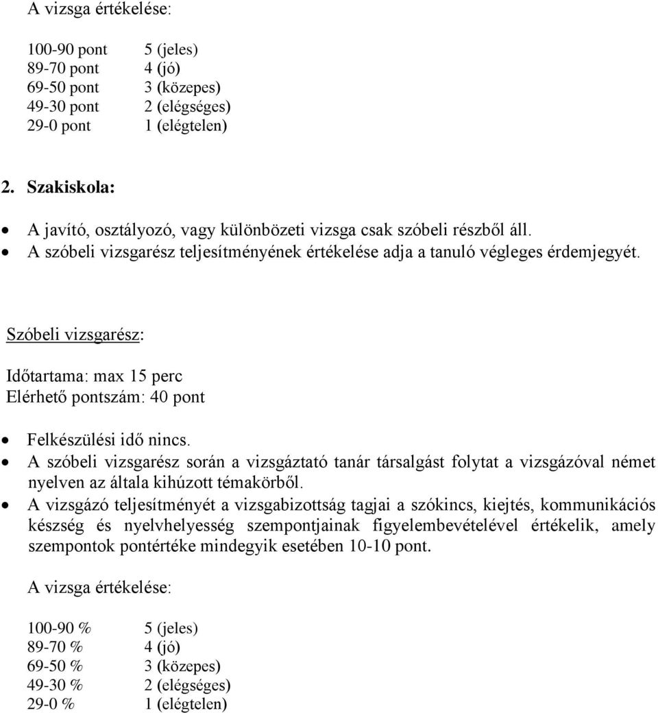 Szóbeli vizsgarész: Időtartama: max 15 perc Elérhető pontszám: 40 pont Felkészülési idő nincs.