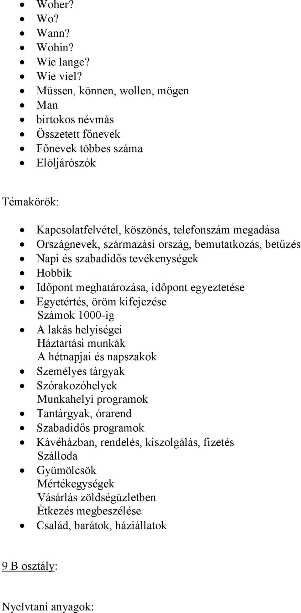 származási ország, bemutatkozás, betűzés Napi és szabadidős tevékenységek Hobbik Időpont meghatározása, időpont egyeztetése Egyetértés, öröm kifejezése Számok 1000-ig A lakás