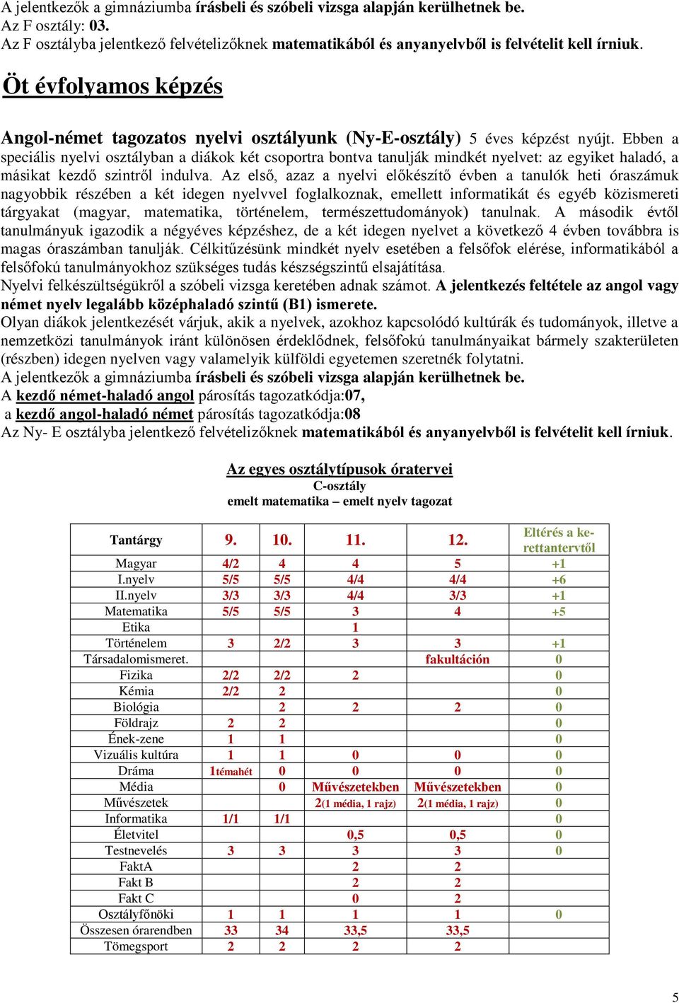 Ebben a speciális nyelvi osztályban a diákok két csoportra bontva tanulják mindkét nyelvet: az egyiket haladó, a másikat kezdő szintről indulva.