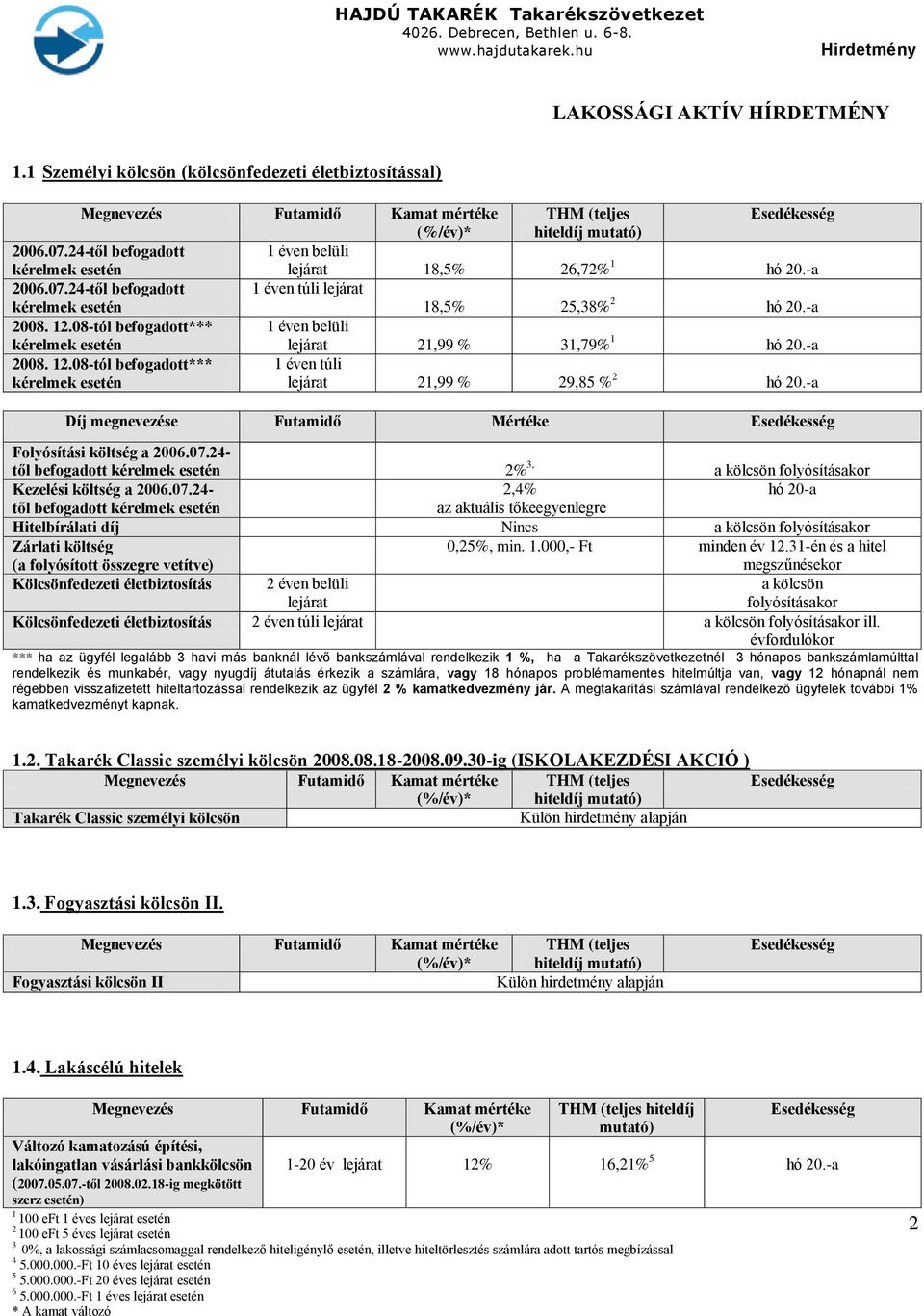 .08-tól befogadott*** kérelmek esetén éven belüli lejárat,99 %,79% hó 0.-a 008..08-tól befogadott*** kérelmek esetén éven túli lejárat,99 % 9,85 % hó 0.