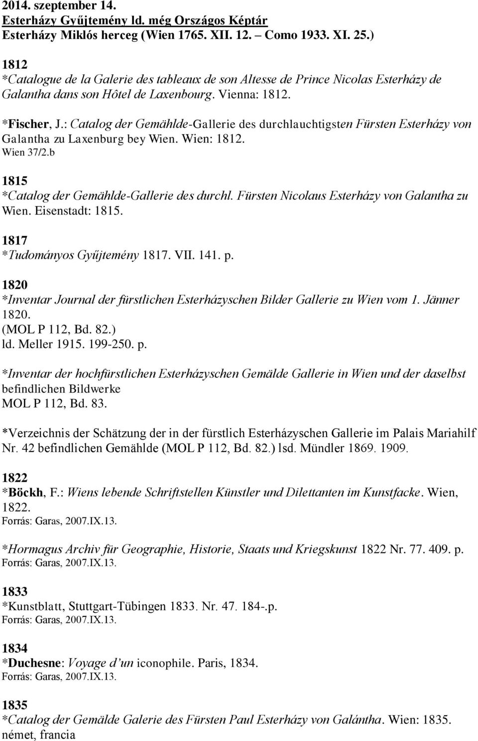 : Catalog der Gemählde-Gallerie des durchlauchtigsten Fürsten Esterházy von Galantha zu Laxenburg bey Wien. Wien: 1812. Wien 37/2.b 1815 *Catalog der Gemählde-Gallerie des durchl.