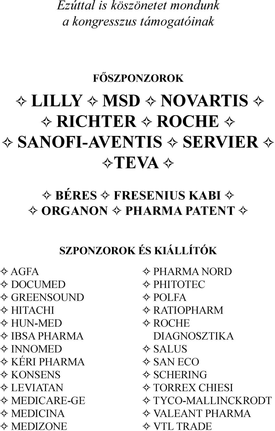 GREENSOUND HITACHI HUN-MED IBSA PHARMA INNOMED KÉRI PHARMA KONSENS LEVIATAN MEDICARE-GE MEDICINA MEDIZONE PHARMA