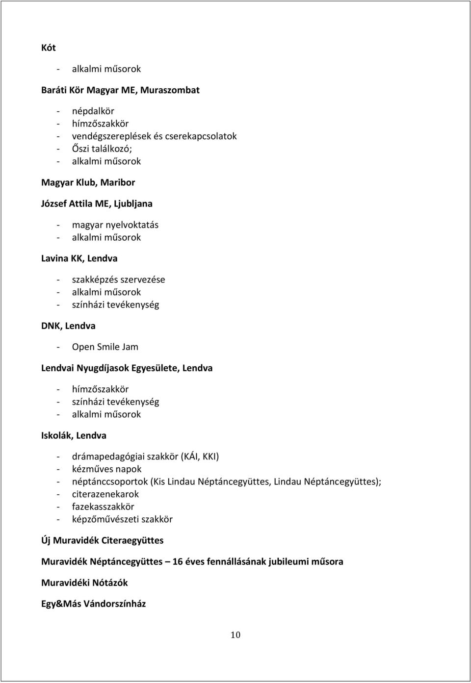 Lendva - drámapedagógiai szakkör (KÁI, KKI) - kézműves napok - néptánccsoportok (Kis Lindau Néptáncegyüttes, Lindau Néptáncegyüttes); - citerazenekarok -