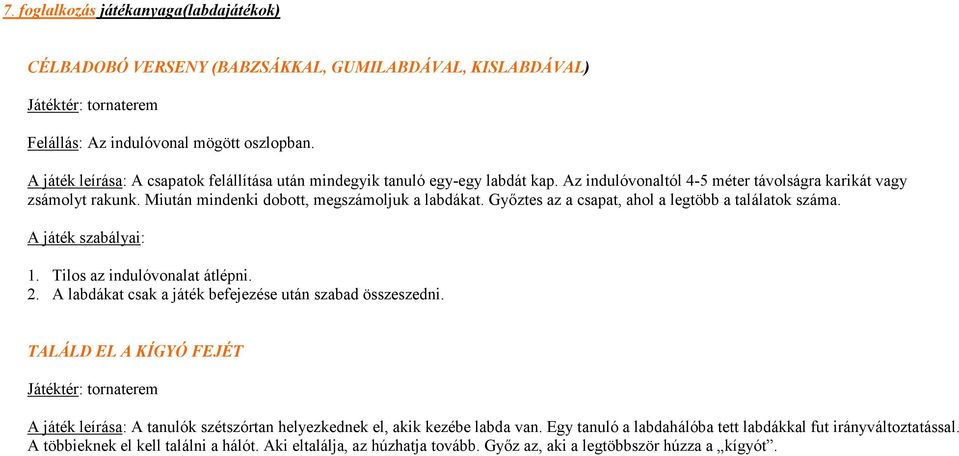 Gyıztes az a csapat, ahol a legtöbb a találatok száma. A játék szabályai: 1. Tilos az indulóvonalat átlépni. 2. A labdákat csak a játék befejezése után szabad összeszedni.