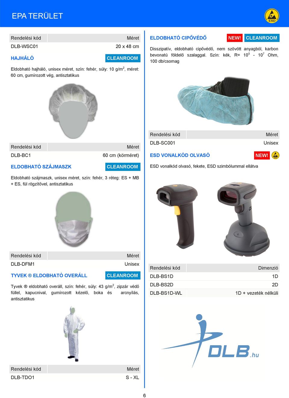 Szín: kék, R= 10 5-10 7 Ohm, 100 db/csomag DLB-SC001 Unisex DLB-BC1 60 cm (körméret) ESD VONALKÓD OLVASÓ ELDOBHATÓ SZÁJMASZK CLEANROOM ESD vonalkód olvasó, fekete, ESD szimbólummal ellátva Eldobható