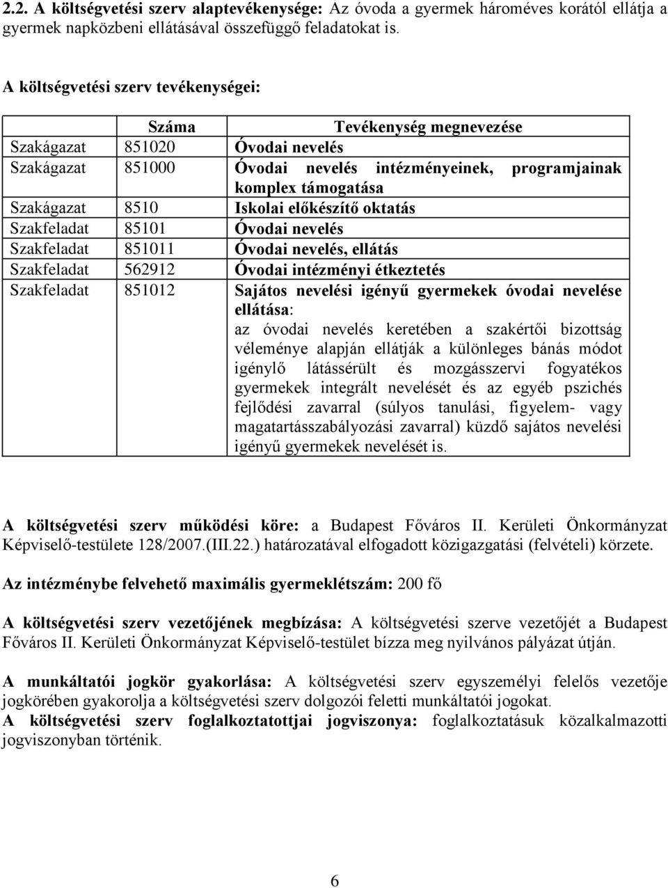 Iskolai előkészítő oktatás Szakfeladat 85101 Óvodai nevelés Szakfeladat 851011 Óvodai nevelés, ellátás Szakfeladat 562912 Óvodai intézményi étkeztetés Szakfeladat 851012 Sajátos nevelési igényű