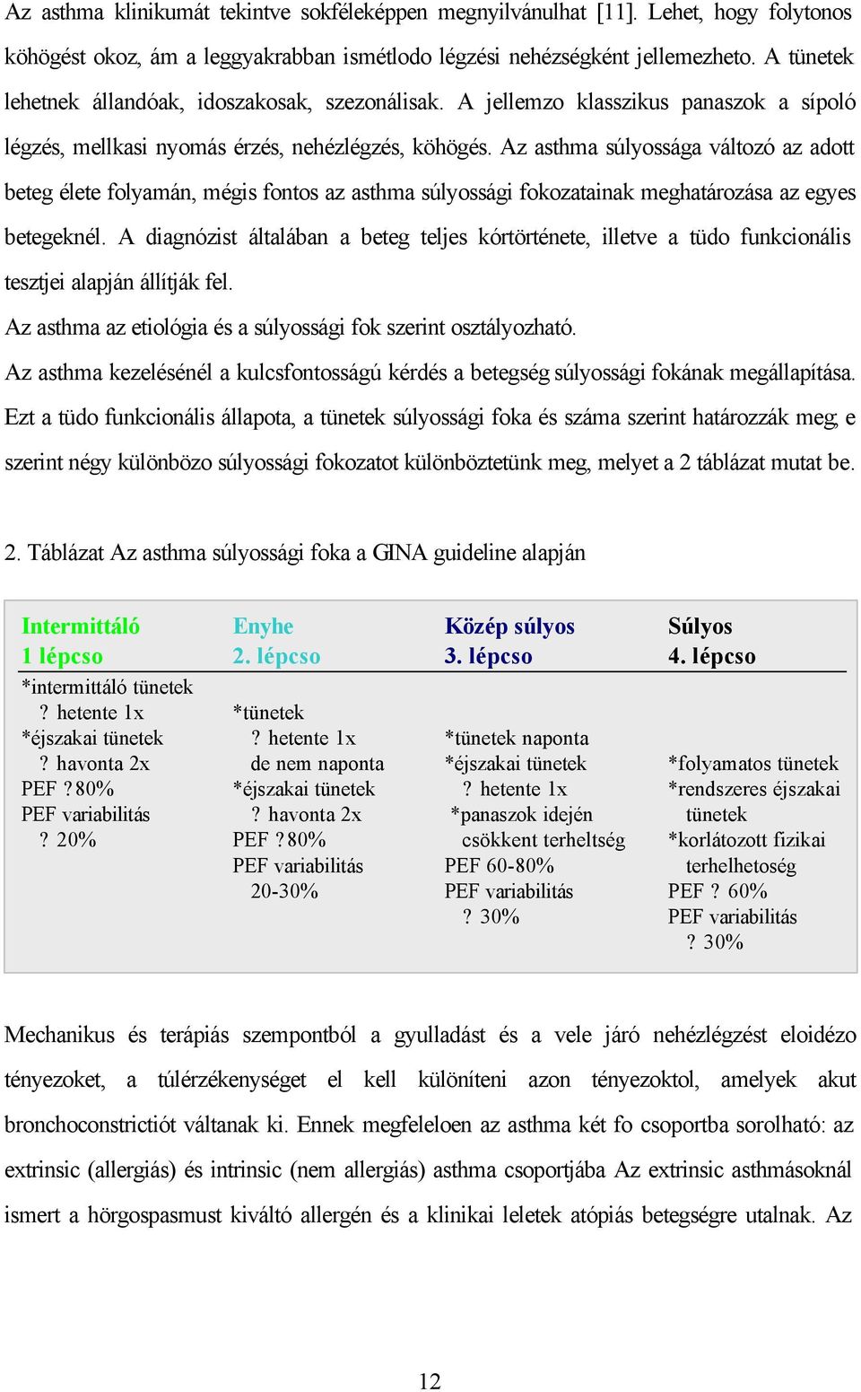 Az asthma súlyossága változó az adott beteg élete folyamán, mégis fontos az asthma súlyossági fokozatainak meghatározása az egyes betegeknél.