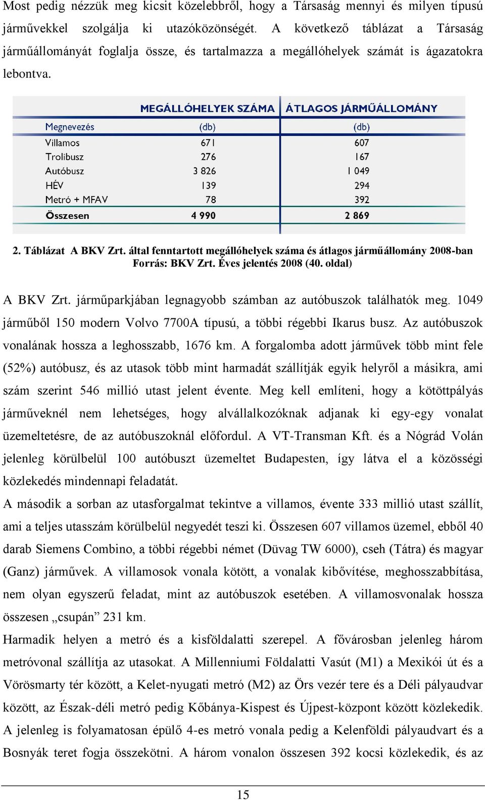 által fenntartott megállóhelyek száma és átlagos járműállomány 2008-ban Forrás: BKV Zrt. Éves jelentés 2008 (40. oldal) A BKV Zrt. járműparkjában legnagyobb számban az autóbuszok találhatók meg.