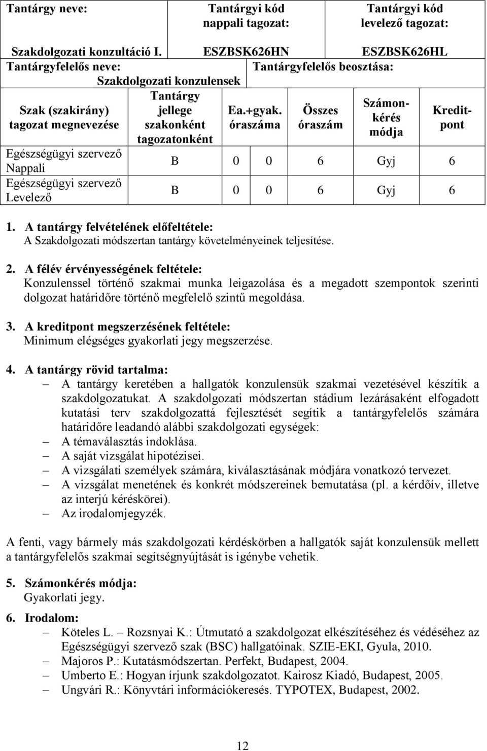 Összes Kredittagozat megnevezése szakonként óraszáma óraszám pont módja tagozatonként Nappali B 0 0 6 Gyj 6 Levelező B 0 0 6 Gyj 6 1.