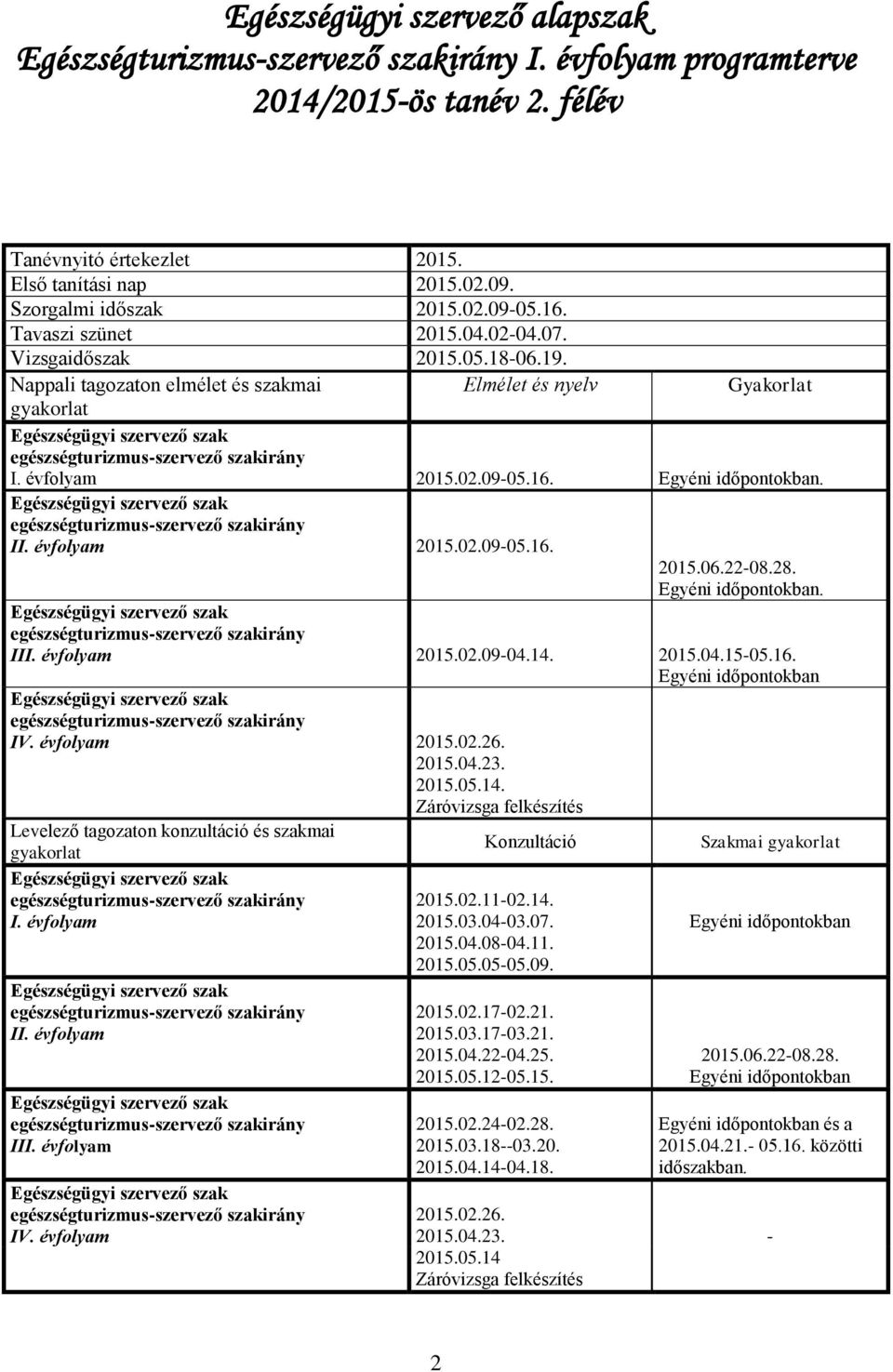 16. Egyéni időpontokban. szak egészségturizmus-szervező szakirány II. évfolyam 2015.02.09-05.16. 2015.06.22-08.28. Egyéni időpontokban. szak egészségturizmus-szervező szakirány III. évfolyam 2015.02.09-04.