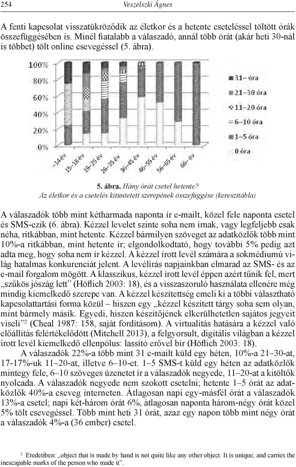 Az életkor és a csetelés kitüntetett szerepének összefüggése (kereszttábla) A válaszadók több mint kétharmada naponta ír e-mailt, közel fele naponta csetel és SMS-ezik (6. ábra).