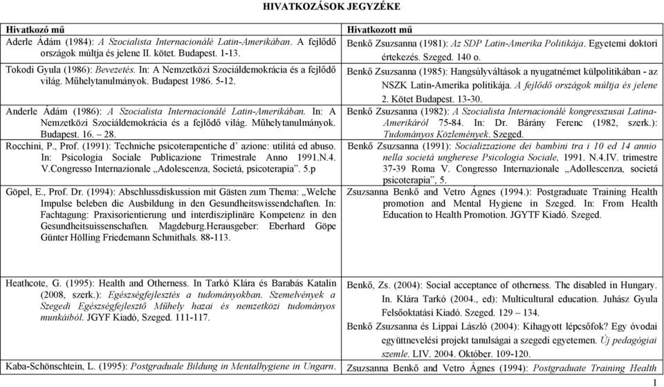 In: A Nemzetközi Szociáldemokrácia és a fejlődő világ. Műhelytanulmányok. Budapest. 16. 28. Rocchini, P., Prof. (1991): Techniche psicoterapentiche d azione: utilitá ed abuso.