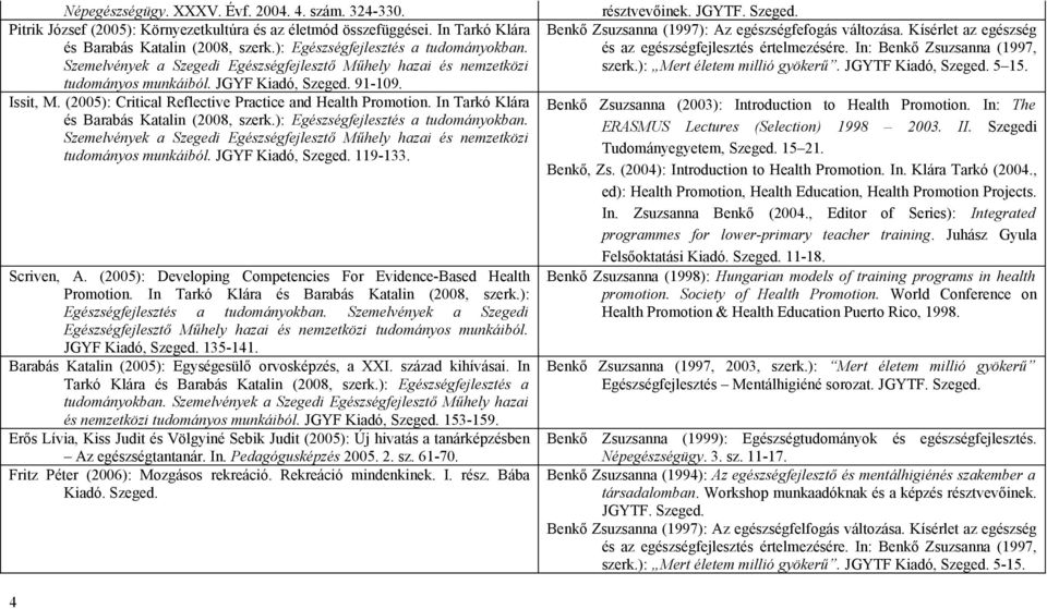 (2005): Critical Reflective Practice and Health Promotion. In Tarkó Klára és Barabás Katalin (2008, szerk.): Egészségfejlesztés a tudományokban.