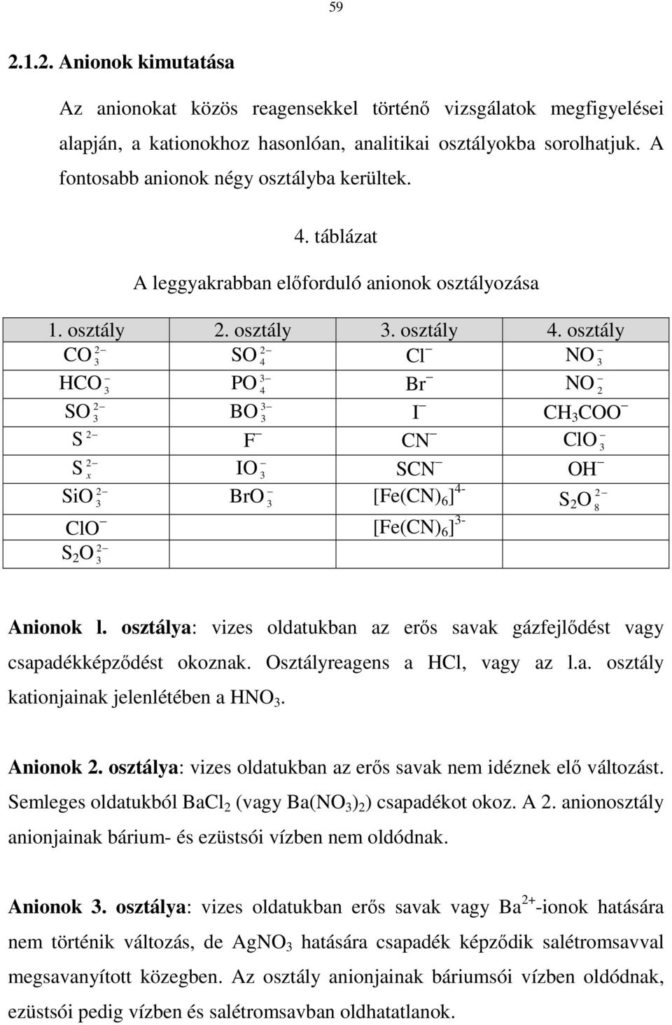 osztály CO SO 4 Cl NO HCO PO 4 Br NO 2 SO BO I CH COO S F CN ClO S x IO SCN OH SiO BrO [Fe(CN) 6 ] 4- S 2 O 8 ClO [Fe(CN) 6 ] - S 2 O Anionok l.