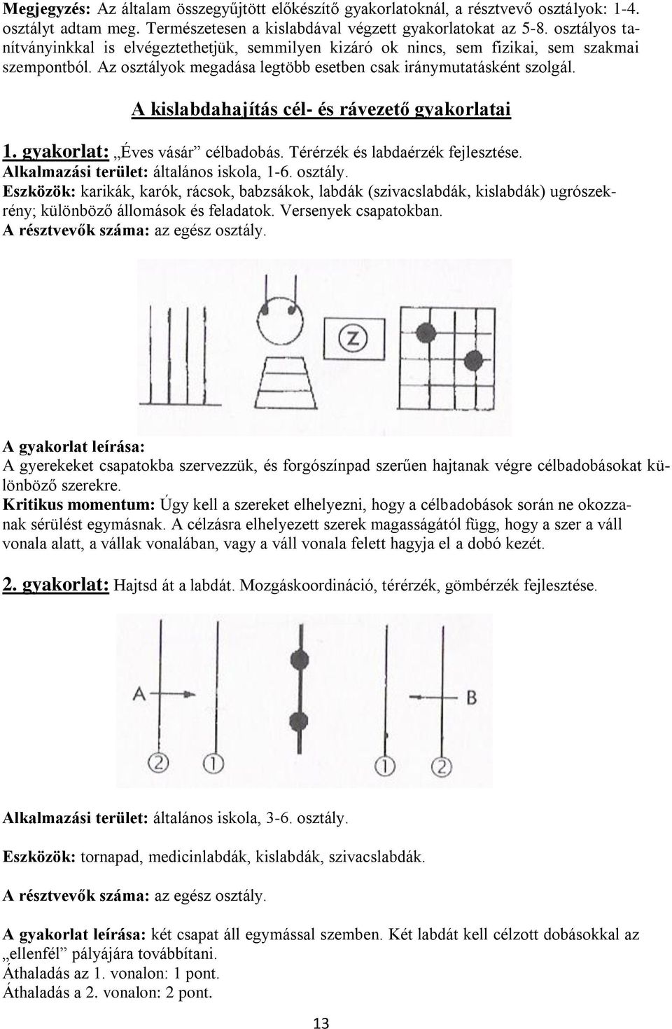 A kislabdahajítás cél- és rávezető gyakorlatai 1. gyakorlat: Éves vásár célbadobás. Térérzék és labdaérzék fejlesztése. Alkalmazási terület: általános iskola, 1-6. osztály.