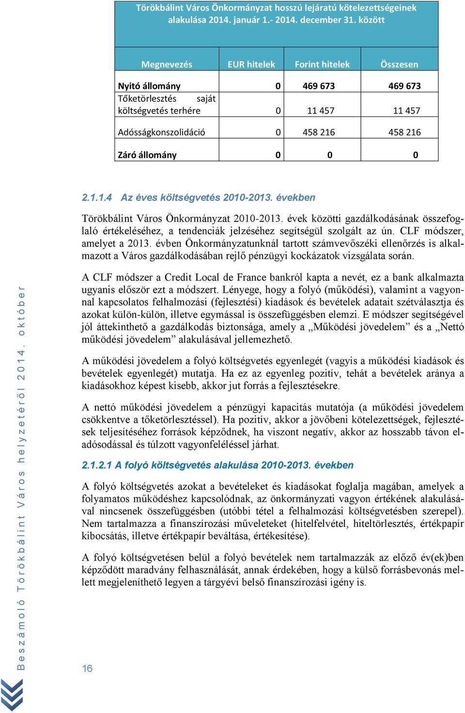 0 0 2.1.1.4 Az éves költségvetés 2010-2013. években Törökbálint Város Önkormányzat 2010-2013.