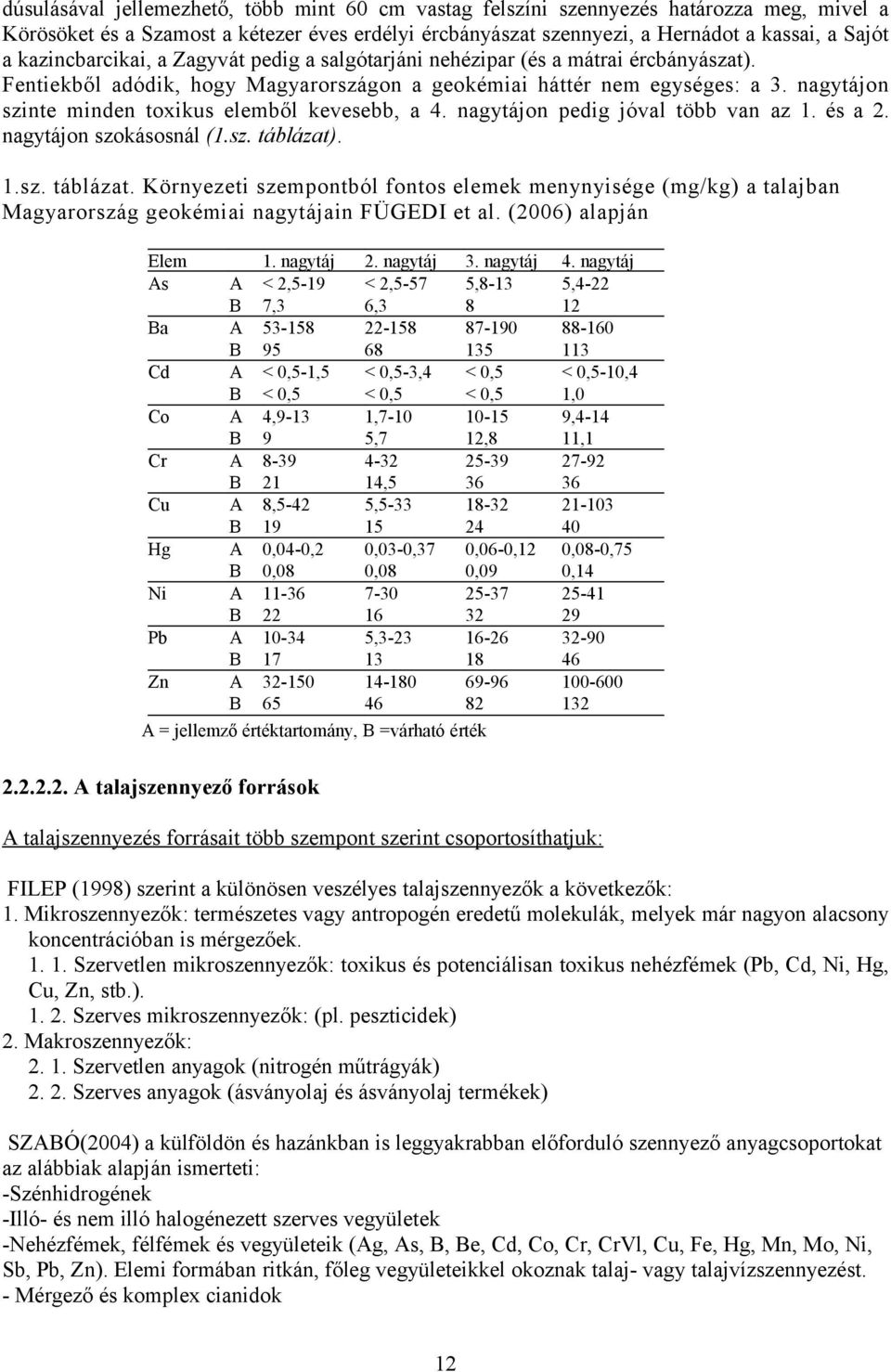 nagytájon szinte minden toxikus elemből kevesebb, a 4. nagytájon pedig jóval több van az 1. és a 2. nagytájon szokásosnál (1.sz. táblázat)