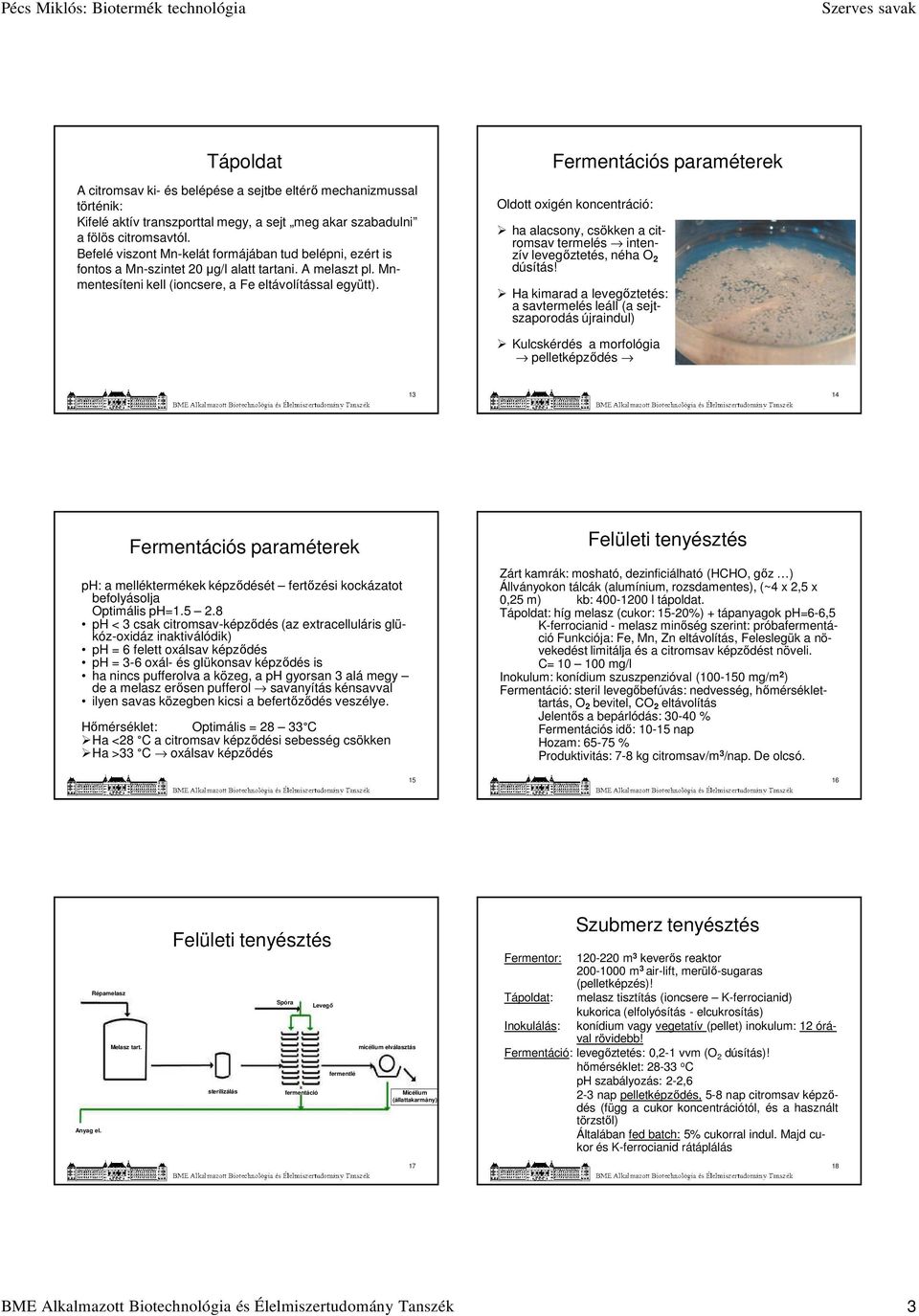 Fermentációs paraméterek Oldott oxigén koncentráció: ha alacsony, csökken a citromsav termelés intenzív levegőztetés, néha O 2 dúsítás!
