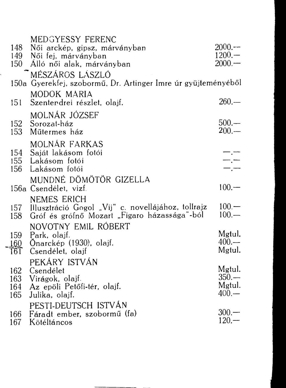 156 Lakásom fotói. MUNDNÉ DÖMÖTÖR GIZELLA 156a Csendélet, vizf. 100. NEMES ERICH 157 Illusztráció Gogol Vij" c. novellájához, tollrajz 100. 158 Gróf és grófnő Mozart Figaro házasságaiból 100.