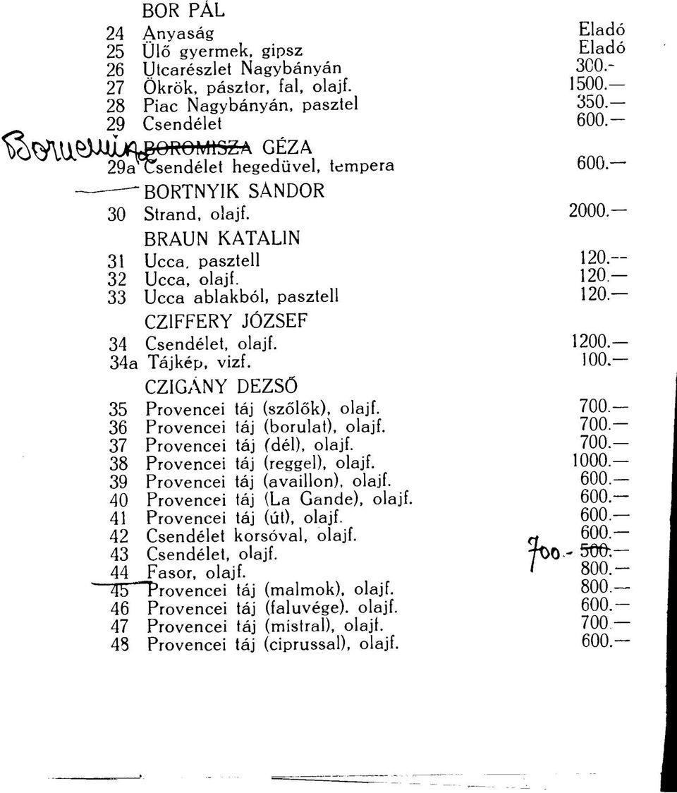 CZIFFERY JÓZSEF 34 Csendélet, olajf. 1200.- 34a Tájkép, vizf. 100 CZIGÁNY DEZSŐ 35 Provencei táj (szőlők), olajf. 700. 36 Provencei táj (borulat), olajf. 700. 37 Provencei táj (dél), olajf. 700. 38 Provencei táj (reggel), olajf.