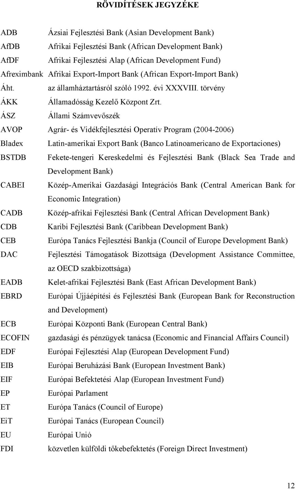 ÁSZ Állami Számvevőszék AVOP Agrár- és Vidékfejlesztési Operatív Program (2004-2006) Bladex Latin-amerikai Export Bank (Banco Latinoamericano de Exportaciones) BSTDB Fekete-tengeri Kereskedelmi és