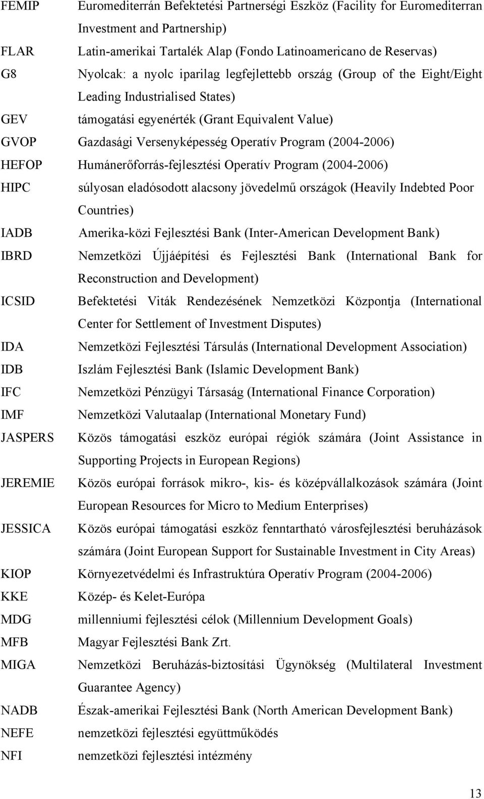 HEFOP Humánerőforrás-fejlesztési Operatív Program (2004-2006) HIPC súlyosan eladósodott alacsony jövedelmű országok (Heavily Indebted Poor Countries) IADB Amerika-közi Fejlesztési Bank