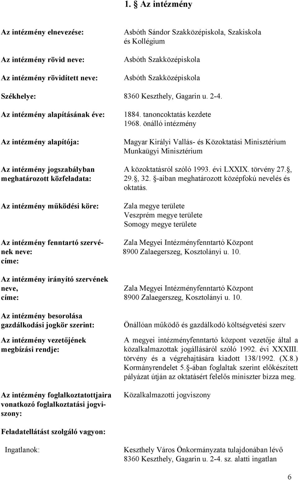 Az intézmény alapításának éve: Az intézmény alapítója: Az intézmény jogszabályban meghatározott közfeladata: Az intézmény működési köre: Az intézmény fenntartó szervének neve: címe: Az intézmény