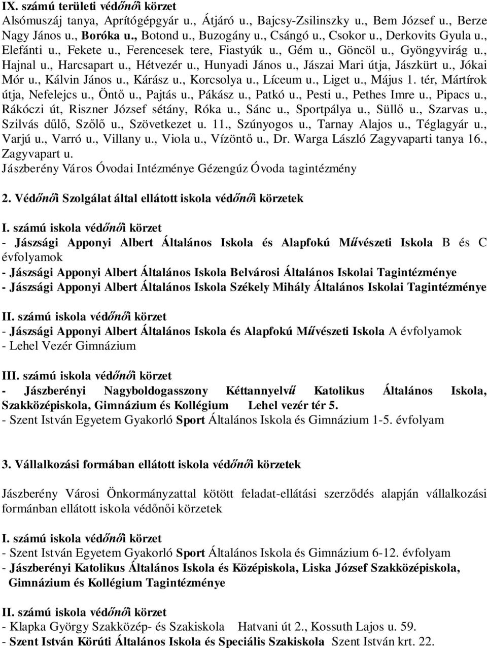 , Jókai Mór u., Kálvin János u., Kárász u., Korcsolya u., Líceum u., Liget u., Május 1. tér, Mártírok útja, Nefelejcs u., Önt u., Pajtás u., Pákász u., Patkó u., Pesti u., Pethes Imre u., Pipacs u.