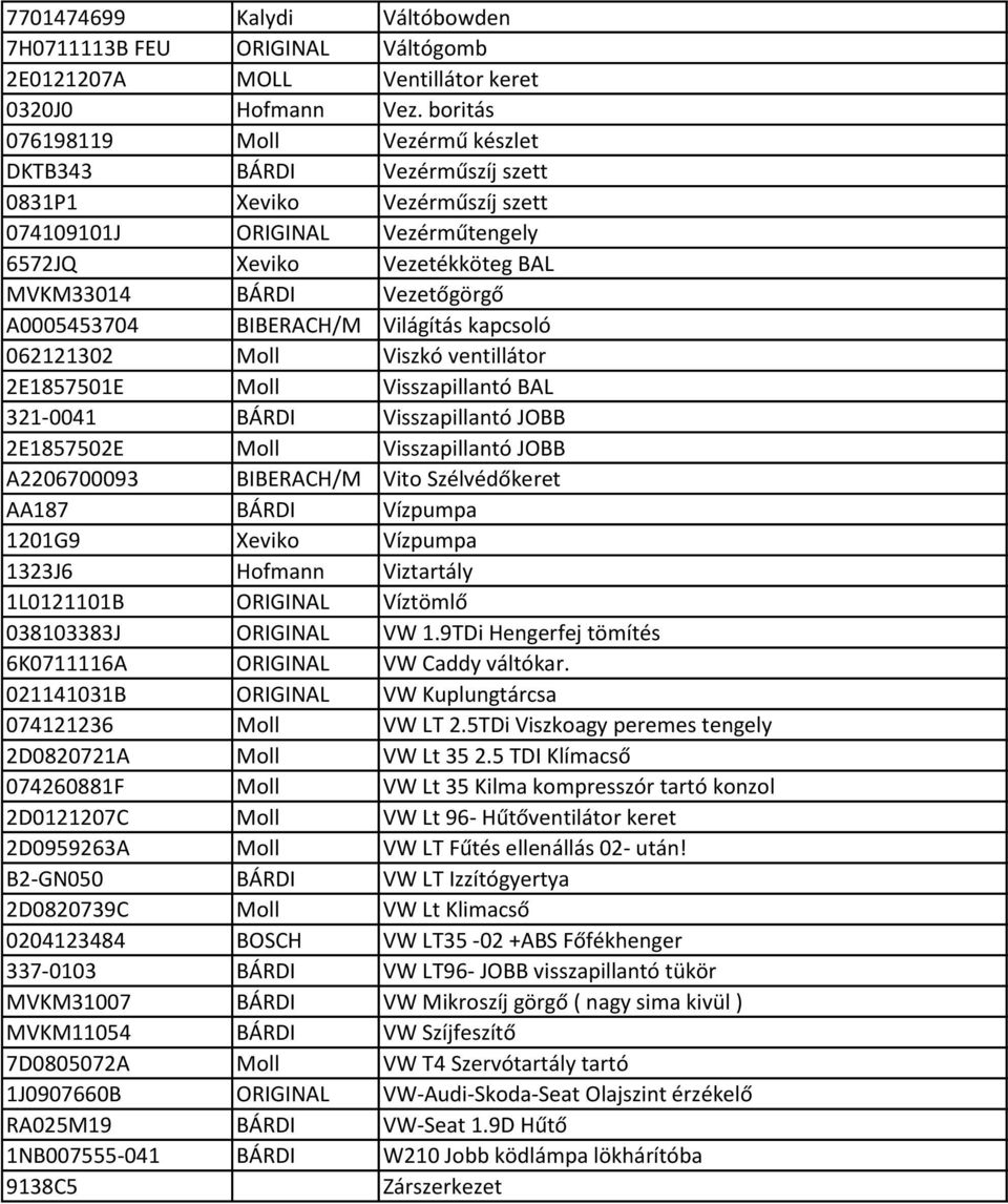A0005453704 BIBERACH/M Világítás kapcsoló 062121302 Moll Viszkó ventillátor 2E1857501E Moll Visszapillantó BAL 321-0041 BÁRDI Visszapillantó JOBB 2E1857502E Moll Visszapillantó JOBB A2206700093