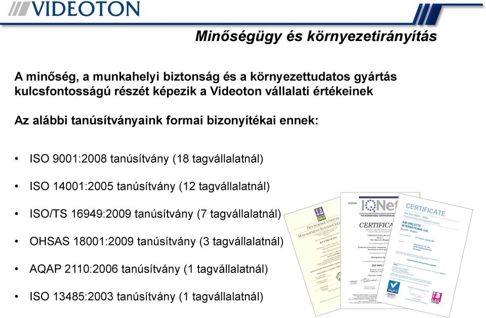 tagvállalatnál) ISO 14001:2005 tanúsítvány (12 tagvállalatnál) ISO/TS 16949:2009 tanúsítvány (7 tagvállalatnál) OHSAS