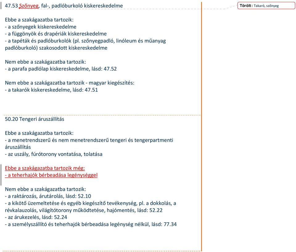 52 Nem ebbe a szakágazatba tartozik magyar kiegészítés: a takarók kiskereskedelme, lásd: 47.51 50.