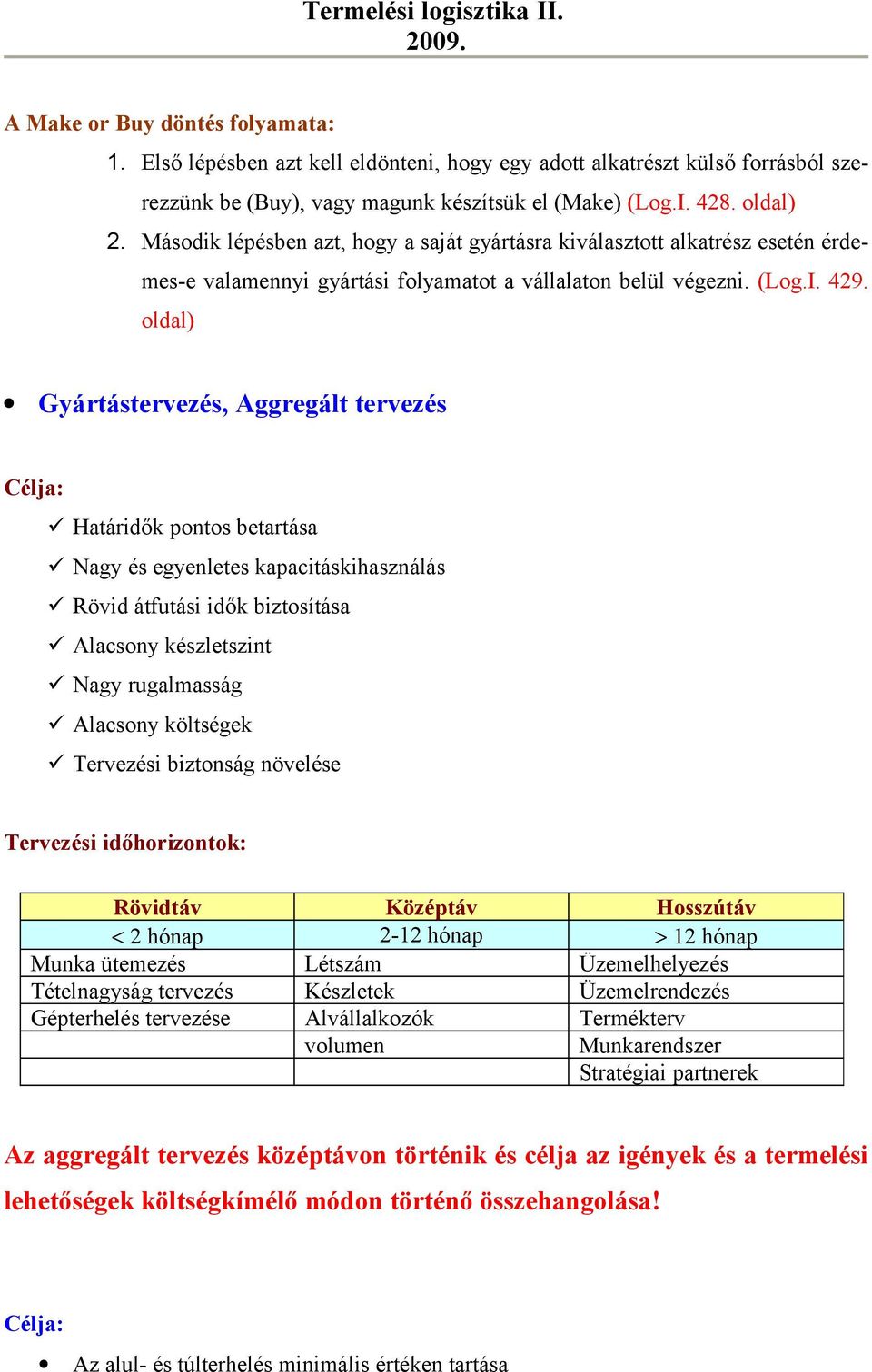 oldal) Gyártástervezés, Aggregált tervezés Célja: Határidők pontos betartása Nagy és egyenletes kapacitáskihasználás Rövid átfutási idők biztosítása Alacsony készletszint Nagy rugalmasság Alacsony