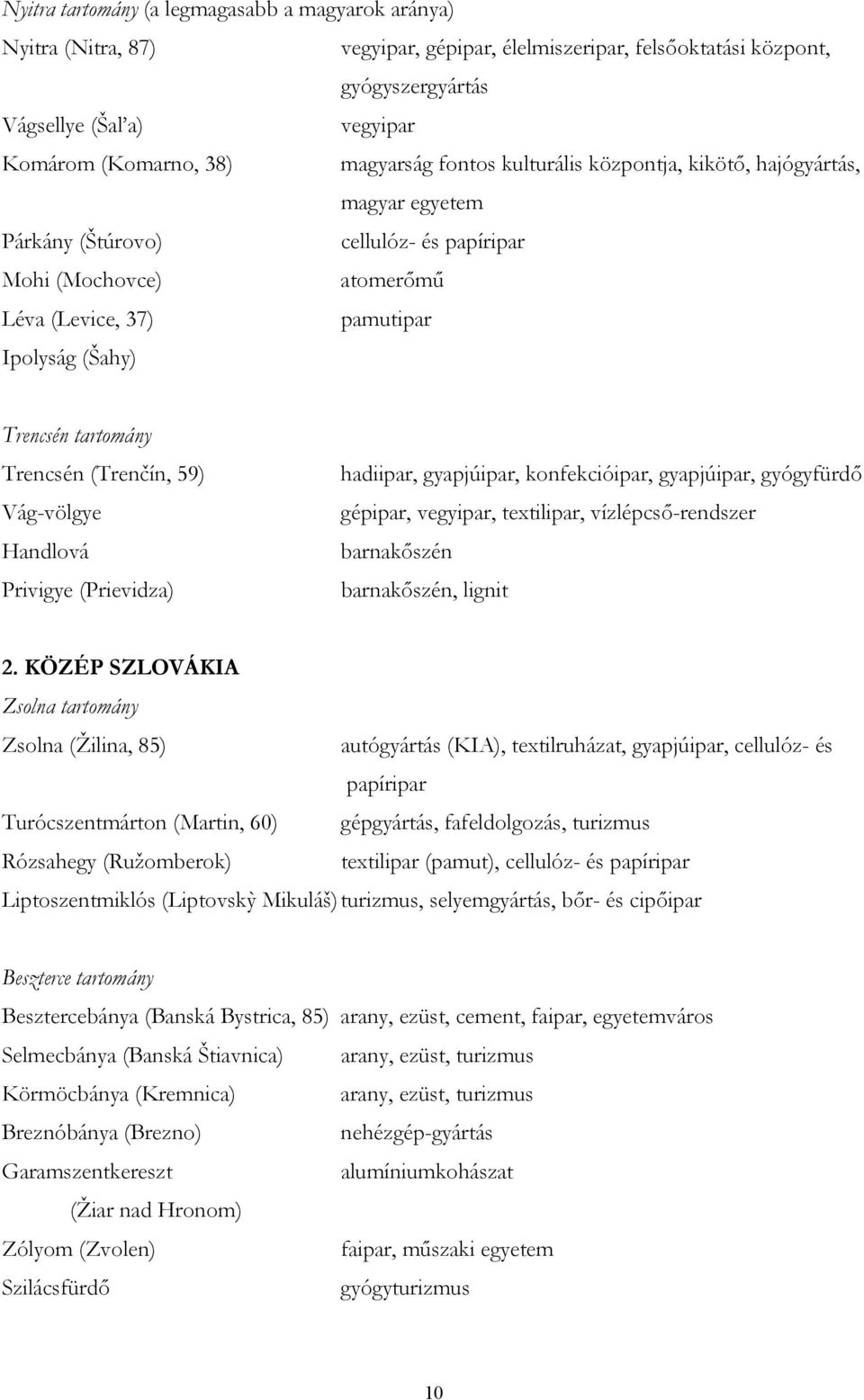 tartomány Trencsén (Trenčín, 59) Vág-völgye Handlová Privigye (Prievidza) hadiipar, gyapjúipar, konfekcióipar, gyapjúipar, gyógyfürdő gépipar, vegyipar, textilipar, vízlépcső-rendszer barnakőszén