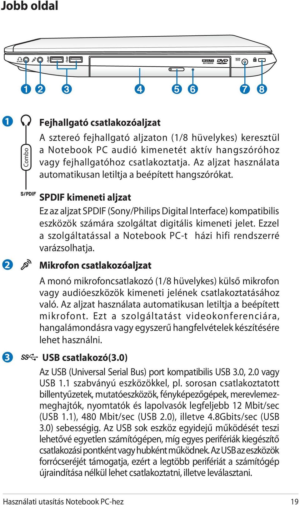 SPDIF kimeneti aljzat Ez az aljzat SPDIF (Sony/Philips Digital Interface) kompatibilis eszközök számára szolgáltat digitális kimeneti jelet.