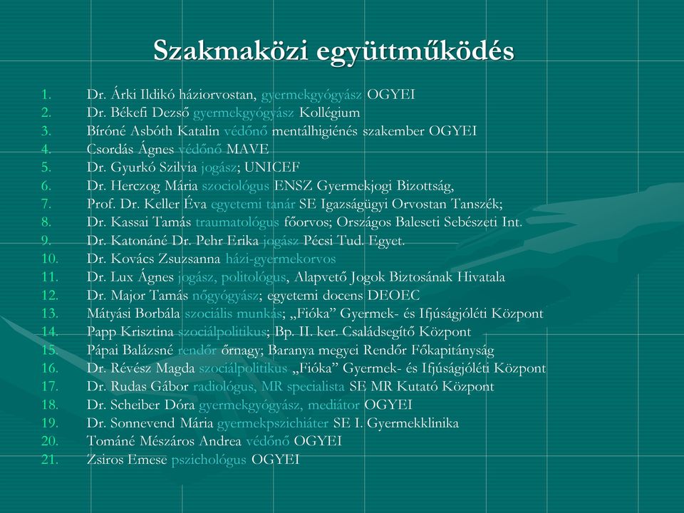 Dr. Kassai Tamás traumatológus főorvos; Országos Baleseti Sebészeti Int. 9. Dr. Katonáné Dr. Pehr Erika jogász Pécsi Tud. Egyet. 10. Dr. Kovács Zsuzsanna házi-gyermekorvos 11. Dr. Lux Ágnes jogász, politológus, Alapvető Jogok Biztosának Hivatala 12.