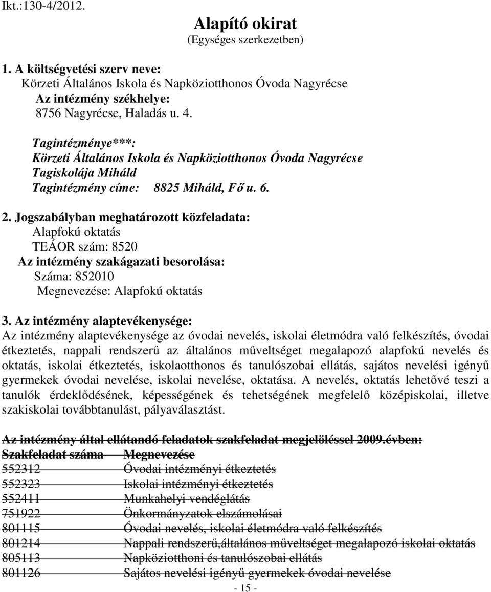 Jogszabályban meghatározott közfeladata: Alapfokú oktatás TEÁOR szám: 8520 Az intézmény szakágazati besorolása: Száma: 852010 Megnevezése: Alapfokú oktatás 3.