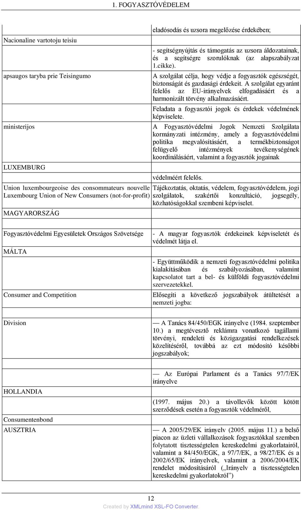 A szolgálat egyaránt felelős az EU-irányelvek elfogadásáért és a harmonizált törvény alkalmazásáért. Feladata a fogyasztói jogok és érdekek védelmének képviselete.