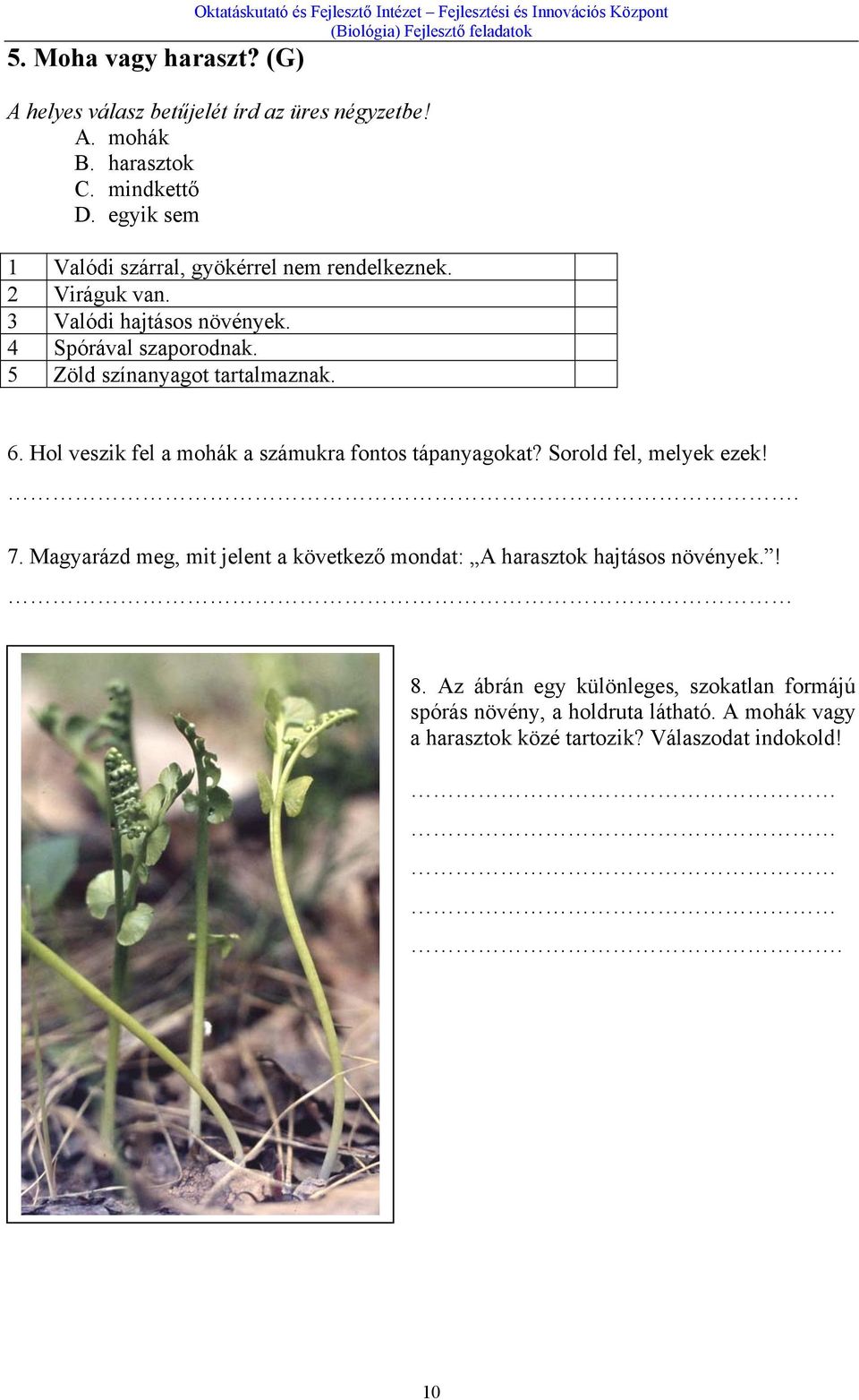 5 Zöld színanyagot tartalmaznak. 6. Hol veszik fel a mohák a számukra fontos tápanyagokat? Sorold fel, melyek ezek!. 7.