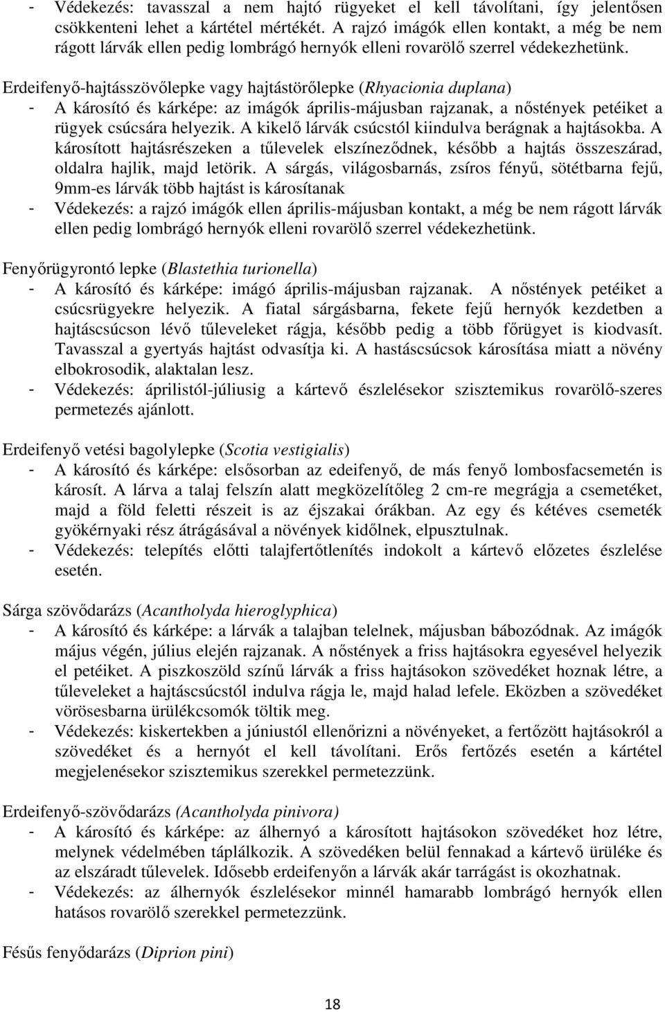 Erdeifenyı-hajtásszövılepke vagy hajtástörılepke (Rhyacionia duplana) - A károsító és kárképe: az imágók április-májusban rajzanak, a nıstények petéiket a rügyek csúcsára helyezik.