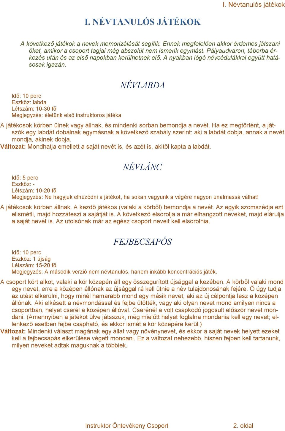 Idő: 10 perc Eszköz: labda Létszám: 10-30 fő Megjegyzés: életünk első instruktoros játéka NÉVLABDA A játékosok körben ülnek vagy állnak, és mindenki sorban bemondja a nevét.