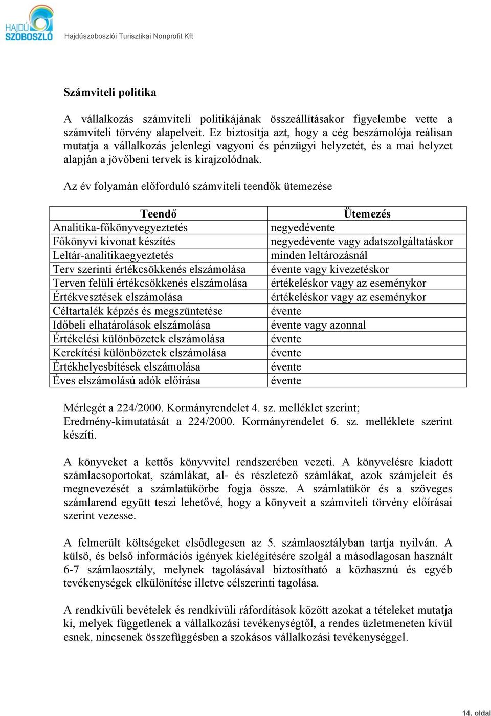 Az év folyamán előforduló számviteli teendők ütemezése Teendő Analitika-főkönyvegyeztetés Főkönyvi kivonat készítés Leltár-analitikaegyeztetés Terv szerinti értékcsökkenés elszámolása Terven felüli