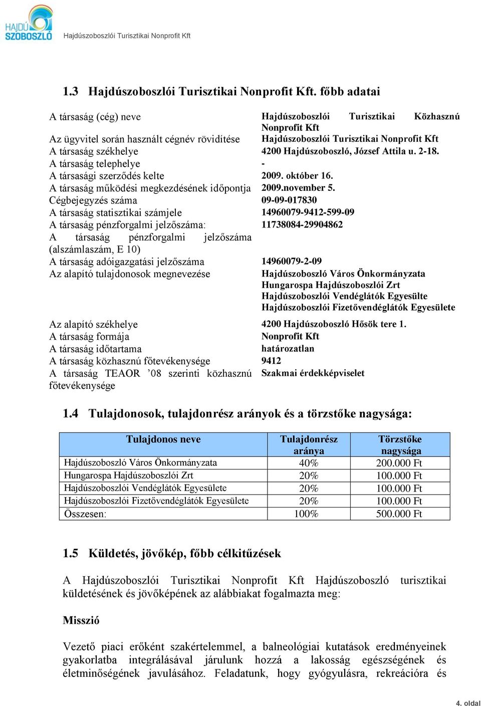 Hajdúszoboszló, József Attila u. 2-18. A társaság telephelye - A társasági szerződés kelte 2009. október 16. A társaság működési megkezdésének időpontja 2009.november 5.